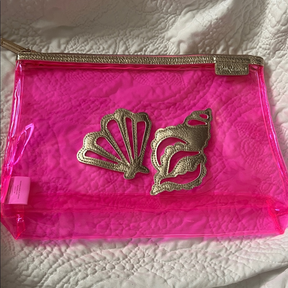 Lilly Pulitzer Hot Pink Transparent Clutch with Gold Shell Accents